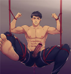 Rule 34 | 10s, 1boy, abs, anal, ass, bara, barefoot, black hair, blue eyes, cha chi (artist), erection, feet, free!, male focus, male penetrated, muscular, nipples, penis, restrained, rope, sex toy, soles, solo, toes, topless male, torn clothes, yamazaki sousuke