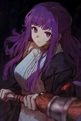 Rule 34 | 1girl, black coat, buttons, cherre, coat, dress, eyelashes, fern (sousou no frieren), highres, holding, holding staff, light smile, long dress, long hair, long sleeves, looking at viewer, purple eyes, purple hair, sidelocks, simple background, solo, sousou no frieren, staff, white dress
