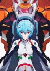 Rule 34 | 1girl, absurdres, ayanami rei, blue hair, bodysuit, breasts, copyright name, eva 00, expressionless, highres, interface headset, looking at viewer, mecha, neon genesis evangelion, official art, outdoors, plugsuit, red eyes, robot, scan, shiny clothes, short hair, white bodysuit, wide hips