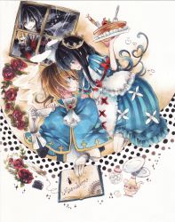 Rule 34 | 1girl, 2boys, bad id, bad pixiv id, black hair, blonde hair, book, capelet, colored pencil (medium), copyright name, crown, cup, doll, dress, elyse (sound horizon), flower, food, fork, gloves, hand on shoulder, heart, holding, inkwell, knife, long hair, maerchen (sound horizon), marchen von friedhof, multiple boys, open book, pie, plate, red flower, red rose, rose, satsuan0120, schneewittchen, smile, sound horizon, star (symbol), sugar cube, tea kettle, teacup, teapot, tettere, traditional media, window, yellow eyes