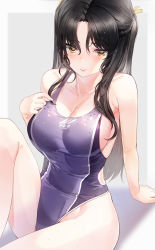 Rule 34 | 1girl, bare shoulders, black hair, blush, border, braid, breasts, cleavage, closed mouth, collarbone, covered navel, french braid, grey background, highleg, highleg swimsuit, highres, kfr, knee up, large breasts, long hair, looking at viewer, one-piece swimsuit, original, parted bangs, purple one-piece swimsuit, simple background, solo, swimsuit, thighs, wet, white border, yellow eyes