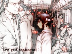 Rule 34 | 1990s (style), 6+boys, 6+girls, abe yoshitoshi, brown hair, from side, hairband, iwakura lain, light particles, multiple boys, multiple girls, retro artstyle, serial experiments lain, short hair, sketch, solo focus, subway, text focus, train, train interior, vanishing point