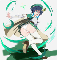 Rule 34 | 1girl, absurdres, artist request, ass, blue hair, blush, braid, breasts, cameltoe, cape, from behind, genderswap, genderswap (mtf), genshin impact, green eyes, hat, high heels, highres, large breasts, leaning, leaning forward, long hair, looking at viewer, looking down, miniskirt, open mouth, panties, shaded face, skirt, smile, solo, thighhighs, twin braids, underwear, venti (genshin impact), wind, wind lift, yandere