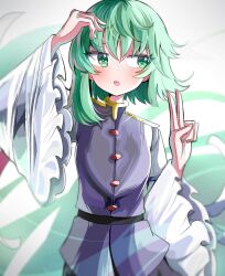 Rule 34 | 1girl, asymmetrical hair, blue vest, bright pupils, green eyes, green hair, highres, long sleeves, looking at viewer, looking to the side, medium hair, open mouth, shiki eiki, solo, spam (spamham4506), touhou, upper body, v, vest, white pupils, wide sleeves