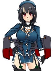 Rule 34 | 1girl, ascot, beret, black gloves, black hair, black thighhighs, breasts, cowboy shot, garter straps, gloves, hand on own hip, hat, kantai collection, large breasts, looking at viewer, machinery, military, military uniform, red eyes, short hair, simple background, solo, takao (kancolle), thighhighs, udukikosuke, uniform, white ascot, white background