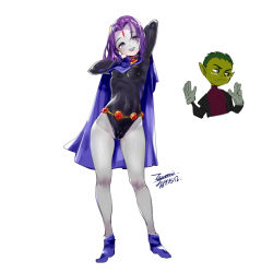 Rule 34 | 1boy, 1girl, beast boy (dc), belt, breasts, cape, closed mouth, colored skin, dc comics, ejami, forehead jewel, grey skin, leotard, looking at viewer, purple eyes, purple hair, raven (dc), short hair, simple background, smile, teen titans, white background
