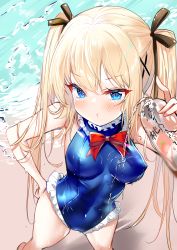 Rule 34 | 1girl, :t, absurdres, azur lane, bare arms, bare shoulders, beach, blonde hair, blue eyes, blue one-piece swimsuit, bottle, breasts, covered erect nipples, dead or alive, dead or alive 5, frills, from above, frown, hair ribbon, hand on own hip, hecha (01964237), highres, holding, impossible clothes, impossible swimsuit, long hair, looking at viewer, marie rose, marie rose (devilish servant against the splashing waves), medium breasts, one-piece swimsuit, pouring, pouring onto self, pout, ribbon, solo, standing, swimsuit, thighs, twintails, v-shaped eyebrows, very long hair, water, wet