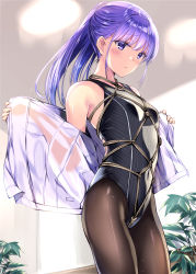 Rule 34 | 1girl, absurdres, bad id, bad pixiv id, bare shoulders, bdsm, black pantyhose, blush, bondage, bound, breasts, commentary request, competition swimsuit, contrail, covered navel, cowboy shot, day, dutch angle, highleg, highleg swimsuit, highres, indoors, kobayashi chisato, long hair, long sleeves, one-piece swimsuit, original, pantyhose, pantyhose under swimsuit, pinstripe pattern, ponytail, purple eyes, purple hair, see-through, shibari, shibari over clothes, shirt, skin tight, sky, small breasts, solo, straight hair, striped clothes, striped one-piece swimsuit, swimsuit, undressing, white shirt