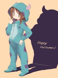 Rule 34 | 1girl, bad id, bad twitter id, brown eyes, brown hair, closed mouth, expressionless, full body, hand on own hip, happy halloween, highres, long hair, looking at viewer, okano kei, okayparium, onesie, shadow, solo, standing, yuyushiki, zipper, zipper pull tab