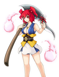 Rule 34 | 1girl, alternate weapon, breasts, cleavage, female focus, flower, hair bobbles, hair ornament, kin&#039;iro sakana-kan, large breasts, onozuka komachi, red eyes, red hair, scythe, short hair, sleeveless, solo, touhou, twintails, two side up, weapon
