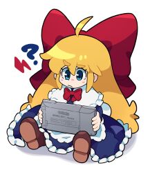 Rule 34 | 1girl, ?, ahoge, blonde hair, blue dress, blue eyes, brown footwear, closed mouth, commentary, dress, english commentary, frilled dress, frills, game boy, hair ribbon, handheld game console, highres, holding, holding handheld game console, long dress, long hair, long sleeves, maletoh, neck ribbon, red ribbon, ribbon, shanghai doll, sitting, solo, touhou, very long hair