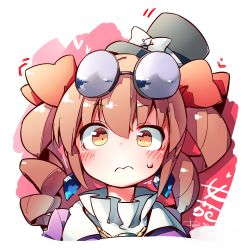 Rule 34 | 1girl, 3:, blush, bow, chibi, closed mouth, drill hair, earrings, eyewear on head, frown, hair between eyes, hat, hat bow, high collar, highres, jewelry, kibayashi kimori, light brown hair, long hair, looking at viewer, one-hour drawing challenge, orange eyes, ribbon, round eyewear, simple background, solo, sunglasses, top hat, touhou, twin drills, white background, yorigami jo&#039;on
