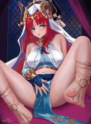 Rule 34 | 1girl, anklet, aqua nails, bare shoulders, barefoot, blue eyes, breasts, brooch, circlet, crop top, dated, detached sleeves, feet, feet up, foot focus, forehead jewel, genshin impact, gold trim, highres, horns, jewelry, leaning back, long hair, long sleeves, looking at viewer, low twintails, medium breasts, meginalter, nail polish, navel, neck ring, nilou (genshin impact), o-ring, parted bangs, parted lips, pelvic curtain, red hair, shirt, sidelocks, signature, sitting, sleeveless, sleeveless shirt, solo, spread legs, thighs, toenail polish, toenails, toes, twintails, vambraces, veil, white shirt
