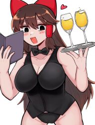 Rule 34 | 1girl, :d, alcohol, alternate costume, black bow, black bowtie, black eyes, black panties, black shirt, blush, book, bow, bowtie, breasts, brown hair, cleavage, commentary request, cookie (touhou), cowboy shot, cup, drinking glass, empty eyes, hair bow, hair tubes, hakurei reimu, heart, highres, holding, holding book, holding tray, inariga, large breasts, long hair, looking at viewer, no pants, noel (cookie), open mouth, panties, red bow, shirt, simple background, sleeveless, sleeveless shirt, smile, solo, touhou, tray, underwear, white background, wine, wine glass
