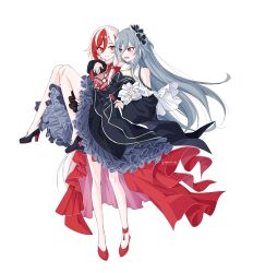 Rule 34 | 2girls, absurdres, arm around neck, bare shoulders, black dress, black footwear, breasts, carrying, commentary, dress, frilled dress, frills, fu hua, fu hua (herrscher of sentience), grey hair, hair between eyes, high heels, highres, honkai (series), honkai impact 3rd, long hair, multicolored hair, multiple girls, open mouth, princess carry, red dress, red eyes, red footwear, red hair, shoes, simple background, small breasts, streaked hair, two-tone hair, very long hair, white background, white hair, yuhuria 52