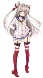 Rule 34 | 1girl, alternate color, amatsukaze (kancolle), black panties, blue sailor collar, chigasaki yukari, commentary request, dress, garter straps, grey hair, hair tubes, hat, highres, kantai collection, lifebuoy ornament, long hair, long sleeves, looking at viewer, mini hat, neckerchief, panties, red thighhighs, rudder footwear, sailor collar, sailor dress, see-through, short dress, side-tie panties, simple background, smokestack hair ornament, solo, standing, striped clothes, striped thighhighs, thighhighs, two side up, underwear, white background, white dress, yellow neckerchief