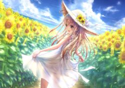 Rule 34 | 1girl, :d, back bow, bare arms, blue sky, blush, bow, brown eyes, cloud, commentary request, cowboy shot, dappled sunlight, dress, floating hair, flower, from behind, garden, goto p, hair between eyes, happy, hat, hat bow, hat flower, light brown hair, long hair, looking at viewer, looking back, ocean, open mouth, original, outdoors, perspective, scenery, see-through, see-through dress, skirt hold, sky, smile, solo, standing, straw hat, sundress, sunflower, sunlight, white bow, white dress