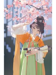 Rule 34 | 1girl, arm up, artist name, black eyes, black hair, blurry, blurry background, branch, brown hair, cherry blossoms, chinese clothes, closed mouth, commentary request, day, dress, flower, grey eyes, hair bun, hair ornament, hanfu, head tilt, highres, holding, holding instrument, instrument, long hair, long sleeves, looking at viewer, original, outdoors, pink flower, qixia, ruqun, scroll, sidelocks, single hair bun, solo, standing, tang sanjiao, wide sleeves