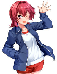Rule 34 | 1girl, blue jacket, breasts, collarbone, cowboy shot, gym uniform, hair between eyes, hand in pocket, jacket, kantai collection, kinu (kancolle), long sleeves, looking at viewer, medium breasts, one eye closed, open clothes, open jacket, open mouth, orange eyes, red hair, red shorts, salute, shirt, short hair, shorts, simple background, smile, solo, standing, unzipped, waving, white background, white shirt, zanntetu, zipper
