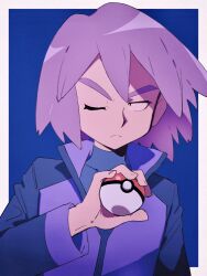 Rule 34 | 1boy, a (poipiku 325815), blue background, blue jacket, border, closed mouth, creatures (company), frown, game freak, hand up, holding, holding poke ball, jacket, long sleeves, looking to the side, male focus, nintendo, one eye closed, paul (pokemon), poke ball, poke ball (basic), pokemon, pokemon (anime), pokemon dppt (anime), purple hair, short hair, solo, turtleneck, upper body, white border