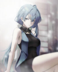 Rule 34 | 1girl, :/, ahoge, armpit crease, bare shoulders, black collar, black dress, blue hair, blurry, blurry background, blurry foreground, bokeh, breasts, closed mouth, collar, commentary, crossed legs, depth of field, dress, film grain, frown, grey eyes, highres, junu (jwoo5627), large breasts, light particles, long hair, looking at viewer, mushoku tensei, nina farion, ponytail, sitting, sleeveless, sleeveless dress, solo, thighs