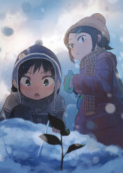 Rule 34 | 2girls, beanie, black hair, blue eyes, brown headwear, brown scarf, closed mouth, coat, commentary request, gloves, grey jacket, hair ornament, hairclip, hat, highres, inami hatoko, jacket, multiple girls, open mouth, original, plant, red coat, scarf, shovel, sidelocks, snow, striped clothes, striped gloves, white gloves, winter clothes