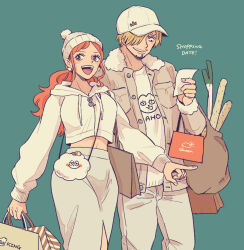 Rule 34 | 1boy, 1girl, bag, beard, blonde hair, commentary request, cropped hoodie, curly eyebrows, facial hair, fur collar, hair over one eye, hat, hatch (8cco), holding, holding bag, hood, hoodie, jacket, looking at object, looking to the side, nami (one piece), one piece, orange hair, ponytail, sanji (one piece), short hair, sidelocks, simple background, skirt, smile, spring onion, sweater, walking, white headwear, white skirt, white sweater, zeus (one piece)