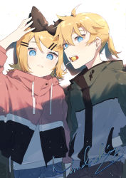 Rule 34 | 1boy, 1girl, absurdres, black bow, blonde hair, blue eyes, bow, brother and sister, candy, casual, denim, denim shorts, drawstring, food, food in mouth, hair bow, hair ornament, hairclip, hand on own head, hands in pockets, highres, jacket, kagamine len, kagamine rin, lollipop, looking at viewer, mouth hold, multicolored clothes, multicolored jacket, open mouth, parted lips, shirt, short hair, short ponytail, short shorts, shorts, siblings, signature, smile, spiked hair, swept bangs, twins, two-tone jacket, upper body, vocaloid, white shirt, yamada ichi