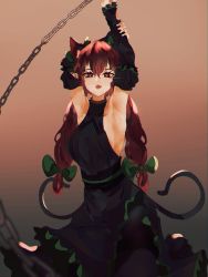 Rule 34 | 1girl, :d, adapted costume, animal ears, arm behind head, armpits, arms up, bare shoulders, black pantyhose, blurry, blurry foreground, bow, breasts, cat ears, cat tail, chain, collarbone, cowboy shot, depth of field, detached sleeves, dress, extra ears, gradient background, green bow, green dress, hair between eyes, hair bow, hair ribbon, heart, heart-shaped pupils, highres, kaenbyou rin, long hair, looking at viewer, low twintails, medium breasts, multiple tails, naufaldreamer, nekomata, open mouth, pantyhose, pointy ears, red eyes, ribbon, sideboob, smile, solo, standing, symbol-shaped pupils, tail, teeth, thighs, touhou, tress ribbon, twintails, two tails, very long hair