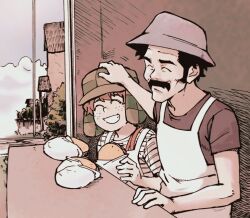 Rule 34 | 2boys, andony strawhat, animification, apron, black hair, blue headwear, brown hair, closed eyes, don ramon, el chavo, el chavo del ocho, facial hair, food, food stand, grey shirt, hat, headpat, highres, multiple boys, mustache, outdoors, sandwich, shirt, smile, striped clothes, striped shirt, suspenders, t-shirt