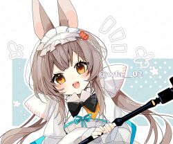 Rule 34 | 1girl, animal ears, arknights, artist name, blush, brown hair, commentary request, holding, holding staff, itsuki 02, long hair, looking at viewer, notice lines, open mouth, orange eyes, rabbit ears, rabbit girl, solo, staff, teeth, twintails, twitter username, upper teeth only, warmy (arknights)