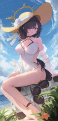 Rule 34 | 1girl, :d, absurdres, akizuki kawakaze, anklet, beach, black choker, black hair, blue archive, blue sky, box, braid, breasts, choker, cleavage, cloud, cloudy sky, commentary request, criss-cross halter, earrings, hair over one eye, halterneck, hat, highleg, highleg swimsuit, highres, hinata (blue archive), hinata (swimsuit) (blue archive), horizon, jewelry, large breasts, long hair, looking at viewer, low ponytail, ocean, on box, one-piece swimsuit, open mouth, red eyes, sidelocks, single braid, sitting, sitting on box, sky, sleeveless, smile, soles, solo, straw hat, sun hat, swimsuit, toes, white one-piece swimsuit