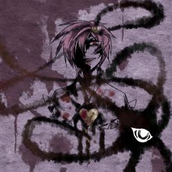 Rule 34 | 1girl, bad id, bad pixiv id, blood, blood on clothes, blood stain, discharge cycle, female focus, hair over one eye, heart, komeiji satori, pink hair, red eyes, short hair, solo, tobi (discharge cycle), touhou