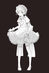 Rule 34 | 1girl, alternate costume, bell, breasts, brown theme, choker, dress, frilled choker, frilled dress, frilled hairband, frilled sleeves, frills, full body, genderswap, genderswap (otf), gloves, greyscale, hairband, heart, highres, houseki no kuni, loafers, looking at viewer, monochrome, neck bell, parted lips, pigeon-toed, pocket, puffy short sleeves, puffy sleeves, sash, shieryue164, shoes, short dress, short hair, short sleeves, simple background, skirt hold, small breasts, solo, standing, thighhighs, wrist cuffs, zettai ryouiki, zircon (houseki no kuni)