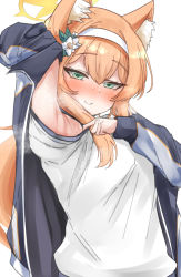 Rule 34 | 1girl, adjusting clothes, animal ears, arm up, armpits, blue archive, blush, cat ears, cat girl, commentary request, green eyes, gym shirt, gym uniform, hair between eyes, hairband, halo, highres, jacket, long hair, long sleeves, low ponytail, machismo fuji, mari (blue archive), mari (track) (blue archive), official alternate costume, orange hair, shirt, short sleeves, sidelocks, simple background, smile, solo, sweat, track jacket, wet, wet clothes, white background