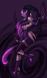 Rule 34 | 1girl, armor, black hair, breasts, colored sclera, colored skin, covered navel, elbow gloves, faulds, fire, forehead jewel, full body, genderswap, genderswap (mtf), gloves, glowing, glowing eyes, grey skin, grin, high ponytail, highres, league of legends, long hair, pauldrons, personification, pink eyes, pink sclera, pride-kun, purple fire, purple gloves, purple theme, sharp teeth, shoulder armor, small breasts, smile, solo, teeth, tentacle hair, vel&#039;koz, very long hair