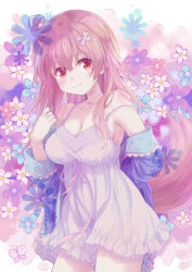 Rule 34 | 1girl, 54hao, animal ears, bare shoulders, blue flower, blue jacket, blush, bone hair ornament, breasts, brown hair, cartoon bone, cleavage, closed mouth, collarbone, commentary, dog ears, dog girl, dog tail, dress, floral background, flower, hair between eyes, hair ornament, highres, hololive, inugami korone, jacket, large breasts, long hair, looking at viewer, off shoulder, open clothes, open jacket, pink flower, purple flower, red eyes, sleeveless, sleeveless dress, smile, solo, standing, strap slip, tail, white dress, white flower