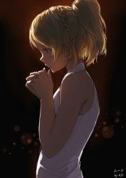 Rule 34 | 10s, 1girl, artist name, backlighting, bare arms, bare shoulders, blonde hair, blue eyes, blurry, bokeh, braid, caidychen, closed mouth, crown braid, dark, depth of field, dress, final fantasy, final fantasy xv, from side, gradient background, half-closed eye, jpeg artifacts, long hair, looking down, lunafreya nox fleuret, own hands clasped, own hands together, ponytail, praying, profile, sleeveless, sleeveless dress, solo, uneven eyes, upper body, w arms, white dress