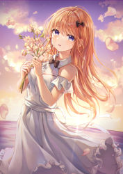 Rule 34 | 1girl, absurdres, bare shoulders, black bow, black bowtie, blonde hair, blush, bow, bowtie, cloud, crying, crying with eyes open, dress, flower, frilled dress, frills, hair bow, highres, holding, holding flower, huge filesize, long hair, looking at viewer, open mouth, original, outdoors, petals, pink flower, purple eyes, sky, sleeveless, sleeveless dress, solo, standing, starlime, sunset, tears, white dress