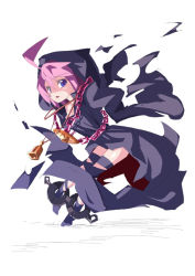 Rule 34 | 1girl, :o, atlus, bell, blue eyes, chain, cloak, curse maker, etrian odyssey, full body, hood, hooded cloak, long sleeves, looking at viewer, ooyama kina, open mouth, pink hair, purple eyes, shaded face, simple background, solo, thigh strap, white background