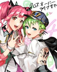 Rule 34 | 2girls, :d, backless outfit, baseball cap, black bow, black hairband, black nails, blue eyes, blue headwear, bow, bow hairband, earrings, green hair, hair bow, hairband, hat, highres, jewelry, looking at viewer, macross, macross delta, makina nakajima, multiple girls, nail polish, open mouth, orange eyes, pink hair, pink nails, pointy ears, pote-mm, reina prowler, shirt, short hair, smile, twintails, upper body, v, white shirt