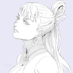 Rule 34 | blunt bangs, capcom, chun-li, disappointed, earrings, hair ornament, hairclip, high collar, jewelry, lipstick, makeup, monochrome, official alternate costume, official alternate hairstyle, ponytail, simple background, sketch, street fighter, unfinished