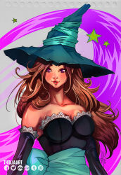 Rule 34 | 1girl, bare shoulders, breasts, brown hair, collarbone, detached sleeves, dragon&#039;s crown, dress, hat, lips, lipstick, long hair, makeup, purple eyes, sash, solo, sorceress (dragon&#039;s crown), strapless, strapless dress, tholia, witch hat