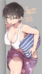 Rule 34 | 1girl, agawa ryou, black hair, blue eyes, breasts, cleavage, clothes pull, collarbone, grey background, large breasts, navel, original, pillow, short hair, shorts, shorts pull, simple background, sleepy, solo, tank top