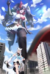 Rule 34 | 2girls, absurdres, ahoge, animal ears, black gloves, black hair, black shorts, blue sky, braid, breasts, building, card, city, cleavage, cloud, commission, detached sleeves, elbow gloves, flower, fox ears, fox girl, fox tail, giant, giantess, gloves, green eyes, hair flower, hair ornament, hair over one eye, highres, hololive, large breasts, long hair, multicolored hair, multiple girls, navel, numaguro (tomokun0808), ookami mio, ookami mio (wonderland), open mouth, red hair, running, shirakami fubuki, shirakami fubuki (1st costume), shirt, short shorts, shorts, single braid, skeb commission, sky, sleeveless, sleeveless shirt, smile, streaked hair, tail, twintails, virtual youtuber, white hair, wolf ears, wolf girl, yellow eyes
