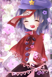 Rule 34 | 1girl, :d, ^ ^, beret, blue hair, closed eyes, closed eyes, female focus, flower, happy, hat, jiangshi, miyako yoshika, ofuda, open mouth, outstretched arms, pale skin, short hair, skirt, smile, solo, star (symbol), touhou, yamone