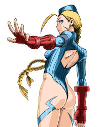 Rule 34 | 1girl, ahoge, ass, blonde hair, blue eyes, blue hat, blue leotard, bodypaint, braid, breasts, cammy white, cowboy shot, fingerless gloves, from behind, garrison cap, gesso, gloves, hat, highleg, highleg leotard, huge ahoge, leotard, lightning bolt symbol, long hair, looking at viewer, low twintails, red gloves, ribbed leotard, scar, scar on face, small breasts, solo, street fighter, thong leotard, twin braids, twintails, white background
