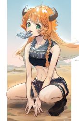 Rule 34 | 1girl, ahoge, arknights, bare arms, black footwear, black shorts, black tank top, braid, collarbone, commentary, cow horns, croissant (arknights), croissant (seeker) (arknights), crop top, desert, full body, gawako, goggles, goggles around neck, green eyes, highres, horns, long hair, looking at viewer, midriff, official alternate costume, orange hair, pillarboxed, sand, shorts, side braids, solo, squatting, tank top