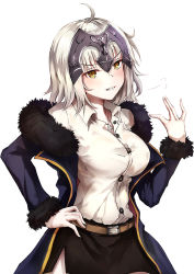 Rule 34 | 1girl, ahoge, belt, blush, braid, breasts, coat, dress shirt, fate/grand order, fate (series), fur-trimmed coat, fur trim, hand on own hip, headpiece, jacket, jeanne d&#039;arc (fate), jeanne d&#039;arc (ruler) (fate), jeanne d&#039;arc alter (fate), jeanne d&#039;arc alter (ver. shinjuku 1999) (fate), large breasts, long hair, nakatokung, off shoulder, official alternate costume, open mouth, shirt, short hair, silver hair, skirt, white background, yellow eyes