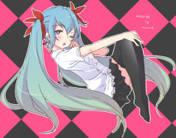 Rule 34 | 1girl, aqua eyes, aqua hair, checkered background, copyright name, gorogorou, hatsune miku, long hair, one eye closed, open mouth, skirt, solo, thighhighs, twintails, very long hair, vocaloid, wink, world is mine (vocaloid)